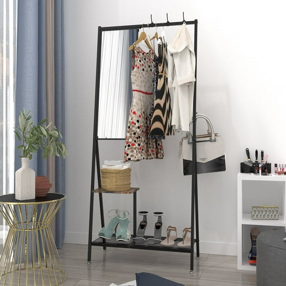 DeeHome Coat Rack with Mirror, Multifunctional Hall Tree with Shoe Storage, Aluminum Frame, for Living Room Bedroom 73x32x15 Inches, Industrial Style, Rustic Brown and Black