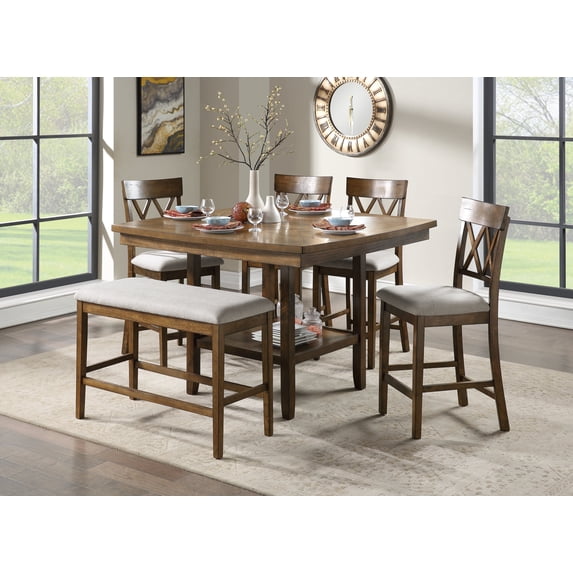 DeeHome Contemporary 6pc Dining Set Counter Height Table Bench and 4 Counter Height Chairs Functional Lazy Susan Shelf Table Light Oak Finish Wooden Kitchen Dining Furniture