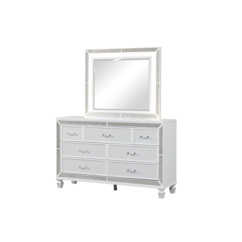 White Glam 7-Drawer Dresser with Mirror and Crystal Accents