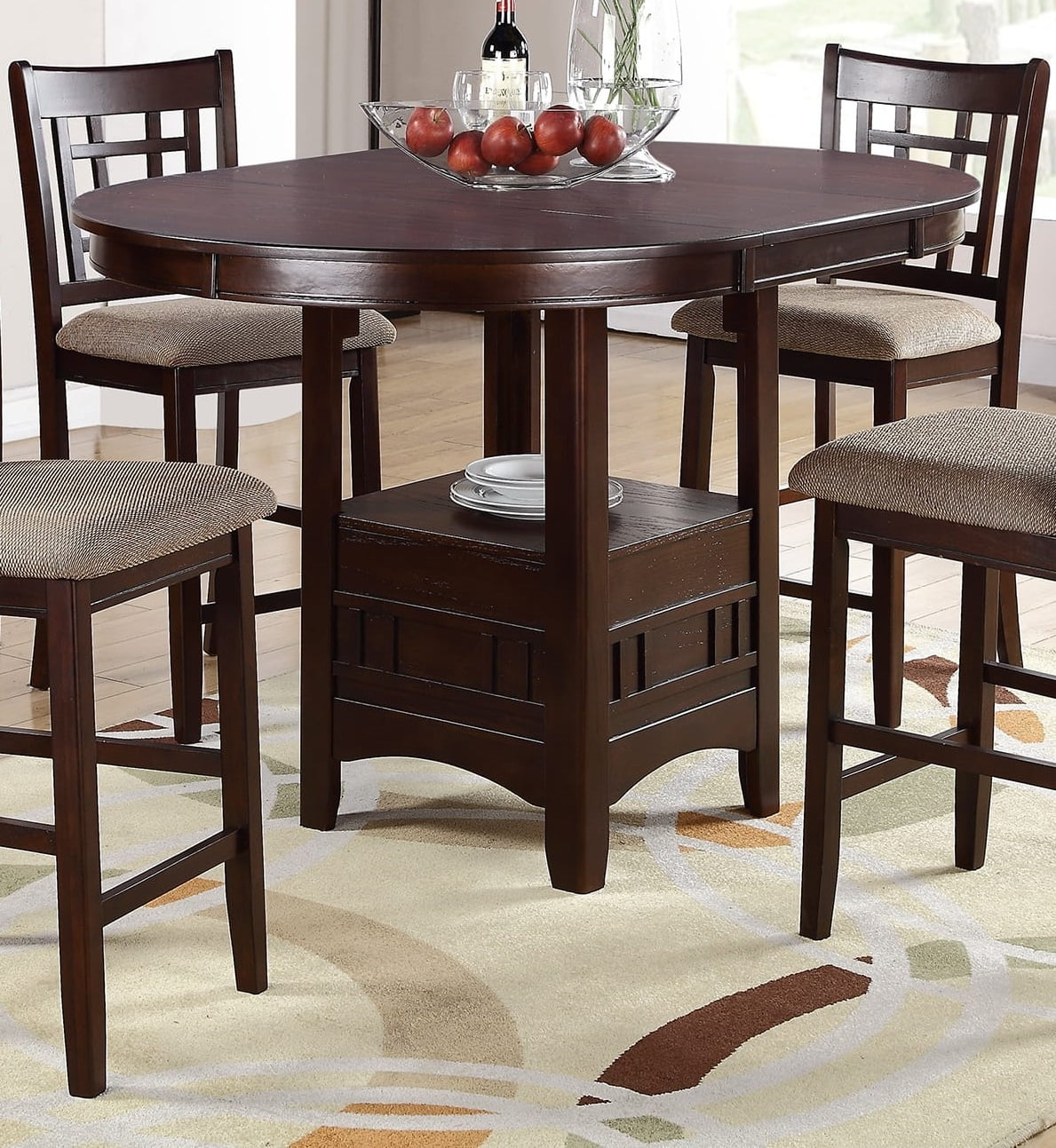 DeeHome Dining Table Round Counter height Dining Table w Shelve 1pc Table Only Solid wood Dark Rosy Brown FInish