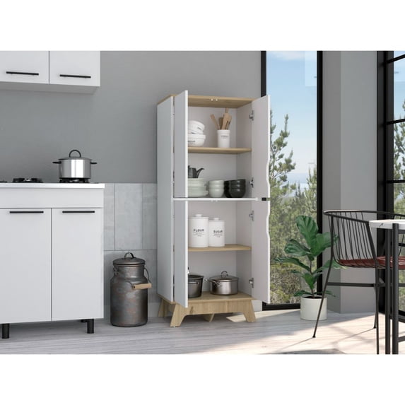 DeeHome Double Kitchen Pantry Wallas, Double Door, Four Legs, Four Shelves, Light Oak / White Finish