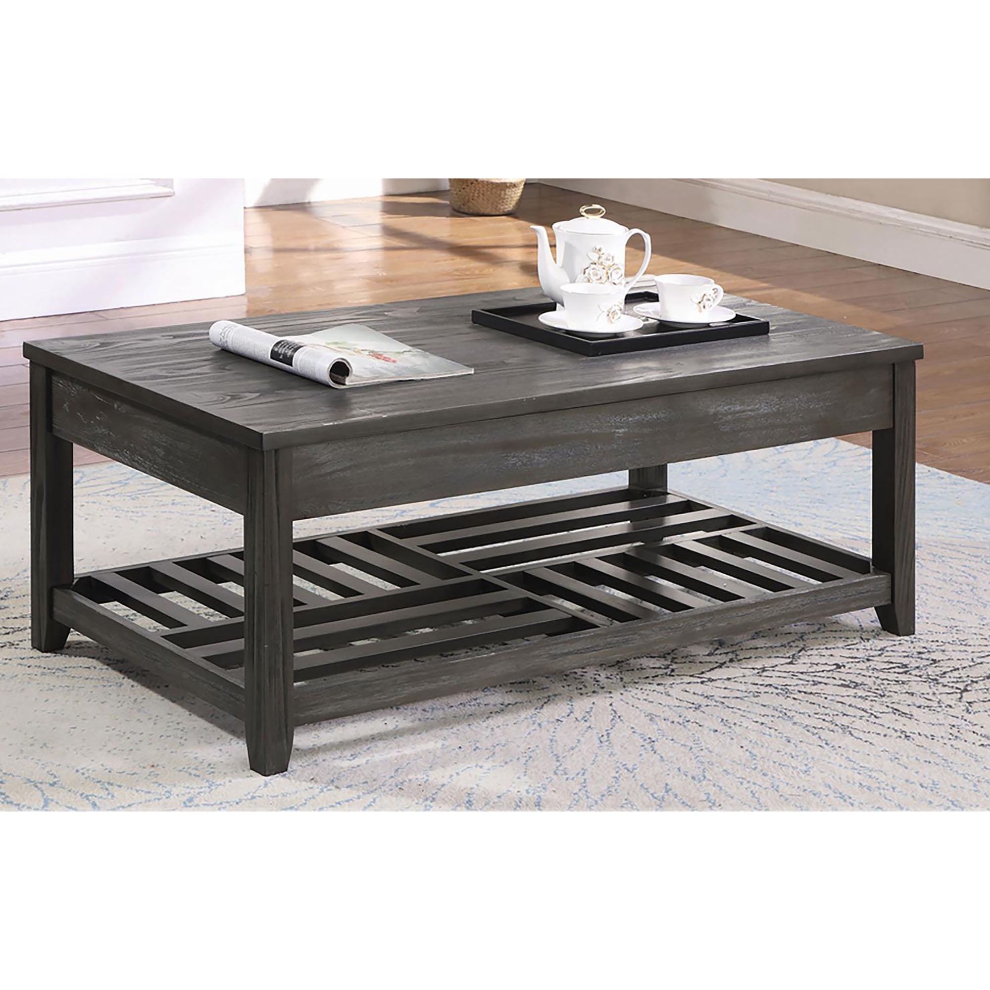 Transitional Gray Rectangular Lift-Top Coffee Table with Storage