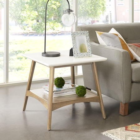 Madison Park Parker Mid-Century Modern Wood End Table with Storage Shelf, Off-White and Natural