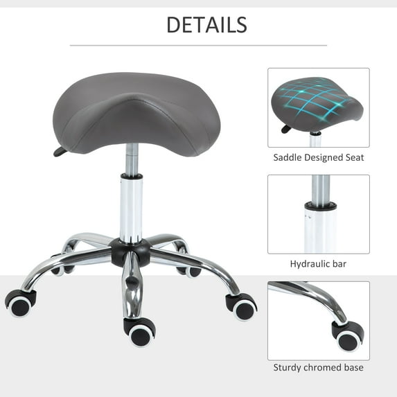 DeeHome Ergonomic Rolling Saddle Stool PU Leather Hydraulic Spa Stool Height Adjustable Swivel Drafting Medical Salon Chair, Grey