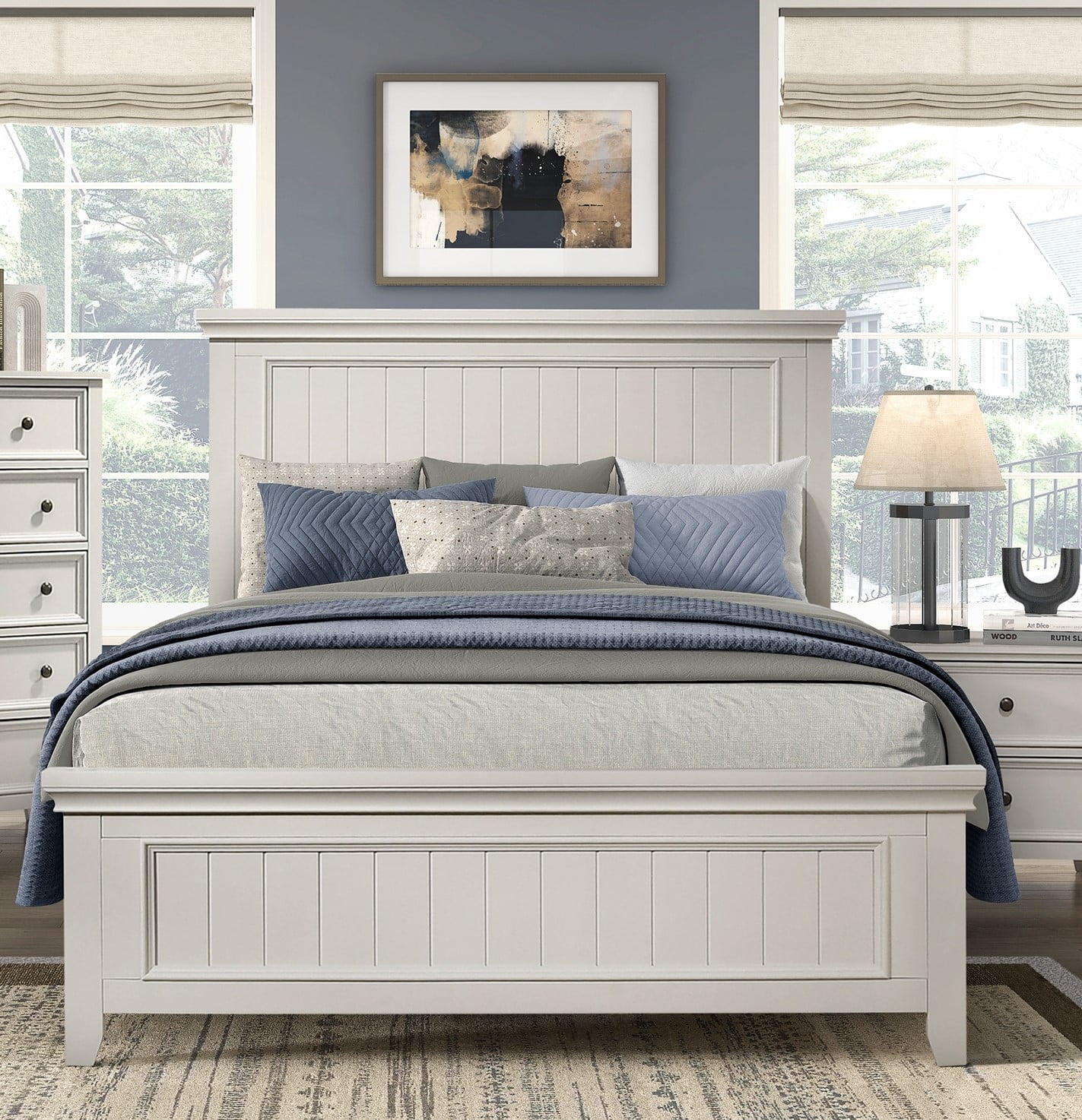 DeeHome Farmhouse Style Queen Size Panel Bed 1pc Classic White Finish