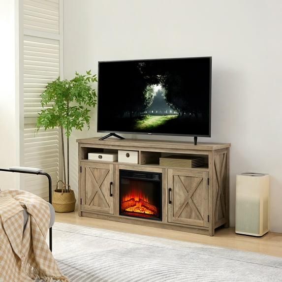 DeeHome Farmhouse TV Media Stand, Large Barn Inspired Home Entertainment Console, with 18" Fireplace Insert, for TV Up to 65'', with Open Shelves and Closed Cabinets, Gray Wash 57.87*15.75*30.31