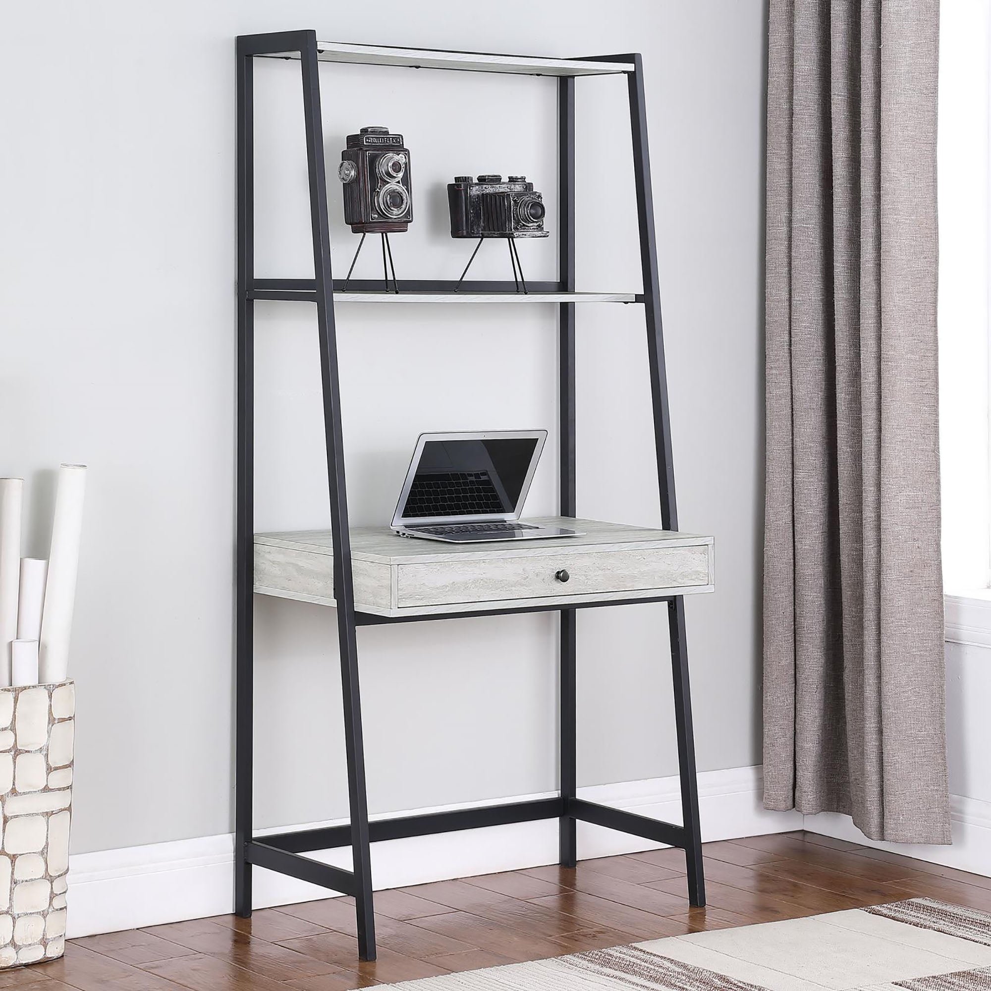 DeeHome Glendale Grey Stone Herringbone and Black 1drawer Ladder Desk