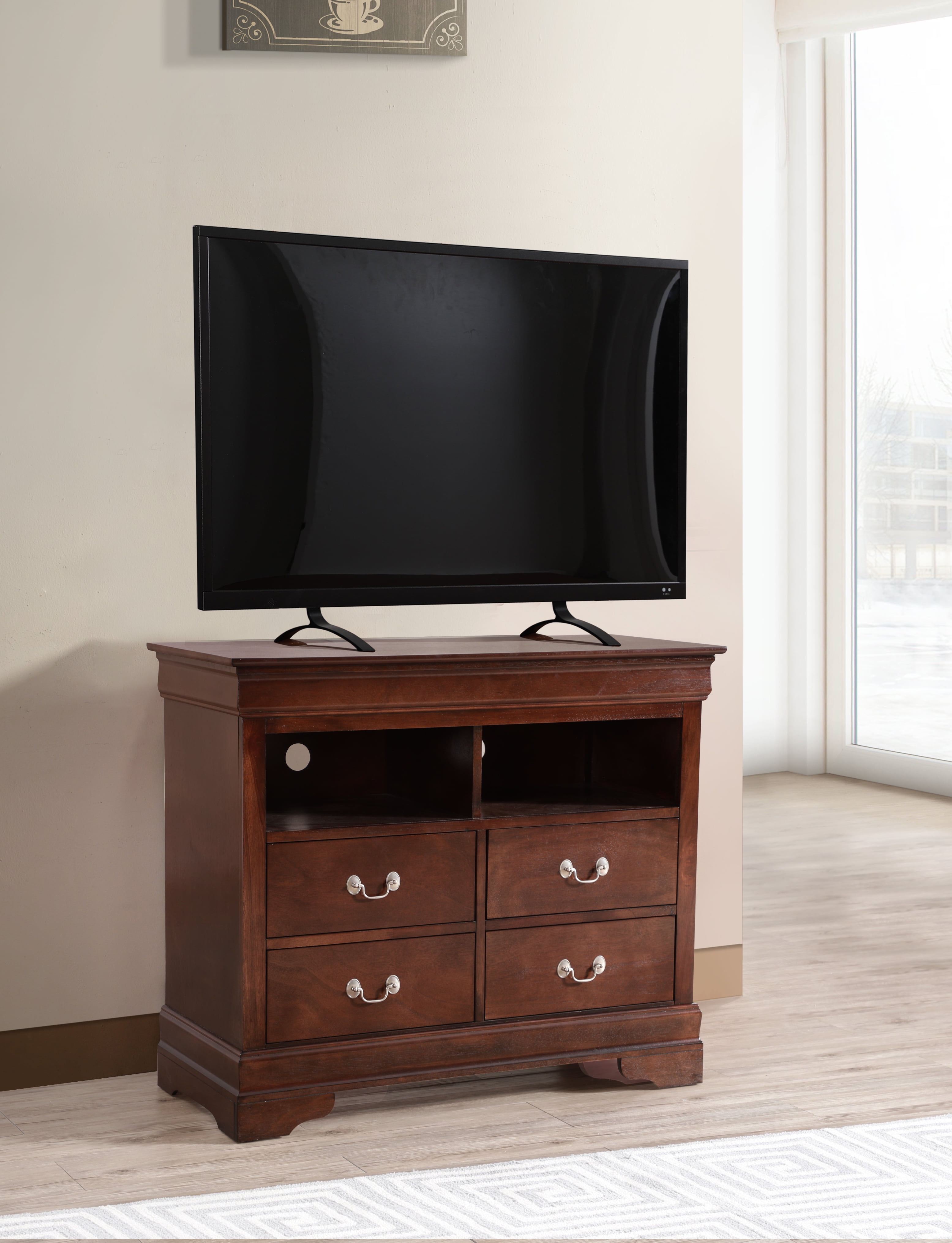 Transitional Cappuccino Veneer 4-Drawer Media Chest with Metal Handles