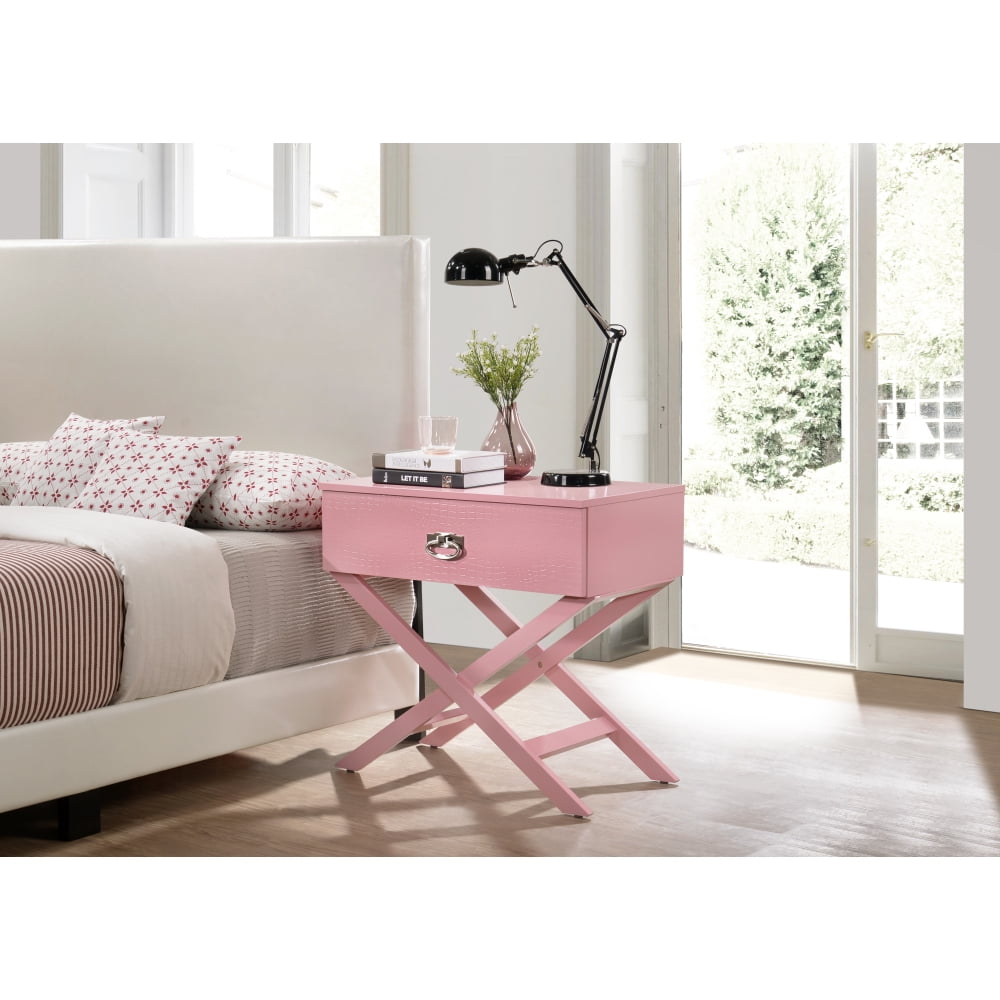 Xavier Pink Croc Textured 1-Drawer Nightstand with X Frame
