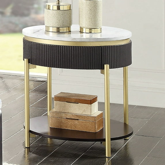 DeeHome Gorgeous Dark Walnut Finish 1pc End Table White Faux Marble Top Living Room Table Open Bottom Shelve