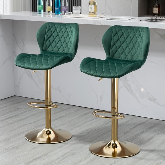 DeeHome Green Velvet Adjustable Swivel Bar Stools Set Of 2 Modern Counter Height Barstools With Golden Color Base