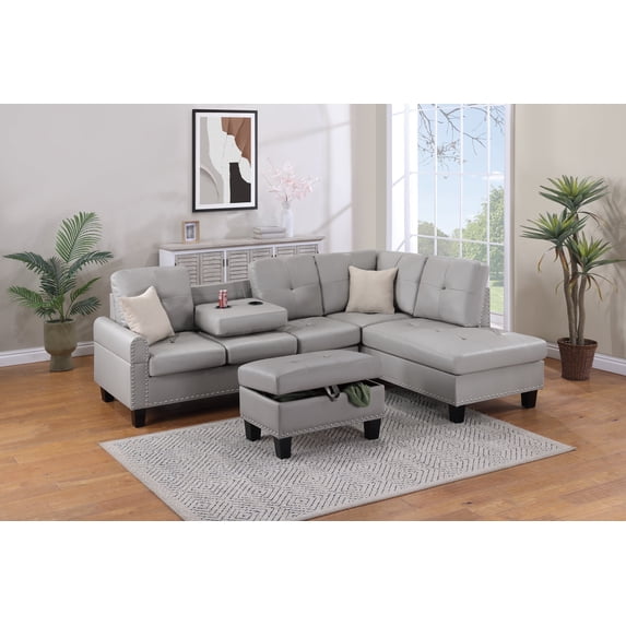 DeeHome Grey Faux Leather Living Room Furniture 3-PCS Sectional Sofa Set LAF Sofa RAF Chaise And Storage Ottoman Cup Holder Couch