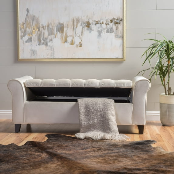 Ivory Velvet Storage Ottoman Bench with Button Tufted Diamond Stitch, Rolled Arms, & Lid Stay Hinges - Contemporary Style Storage Bench for Living Room, Bedroom, Entryway