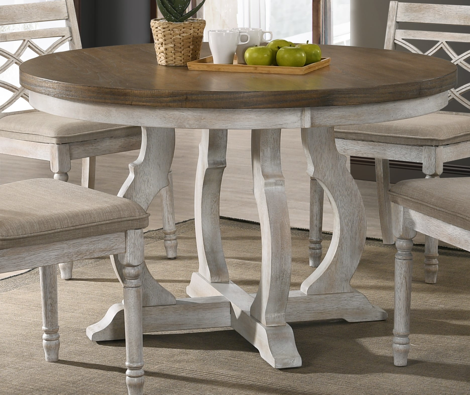 Huge Round Walnut and White Wood Dining Table