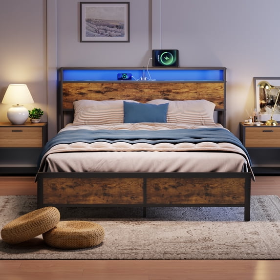 DeeHome Industrial QUEEN Bed Frame with LED Lights and 2 USB Ports, Bed Frame Full Size with Storage, Noise Free, No Box Spring Needed, Rustic Brown