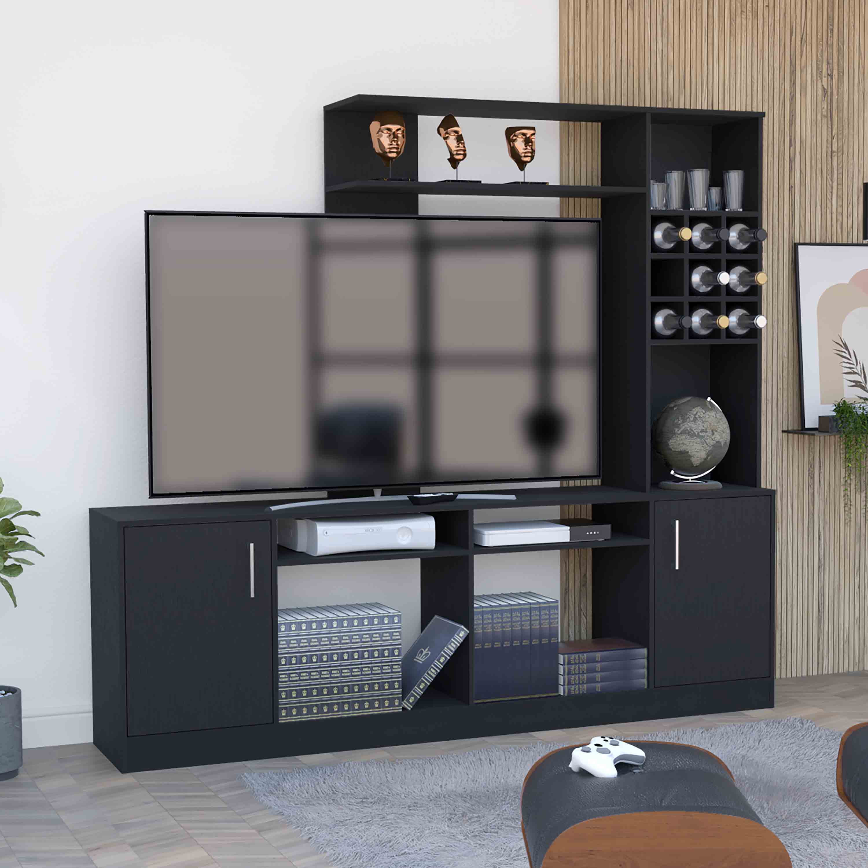 DeeHome Kava Entertainment Center, Six External Shelves, Double Door Cabinet, Storage Spaces for TV´s up 37" -Black