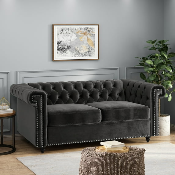 Black Velvet Loveseat with Channel Stitching and Nailhead Accents for Living Room, Bedroom - 61"