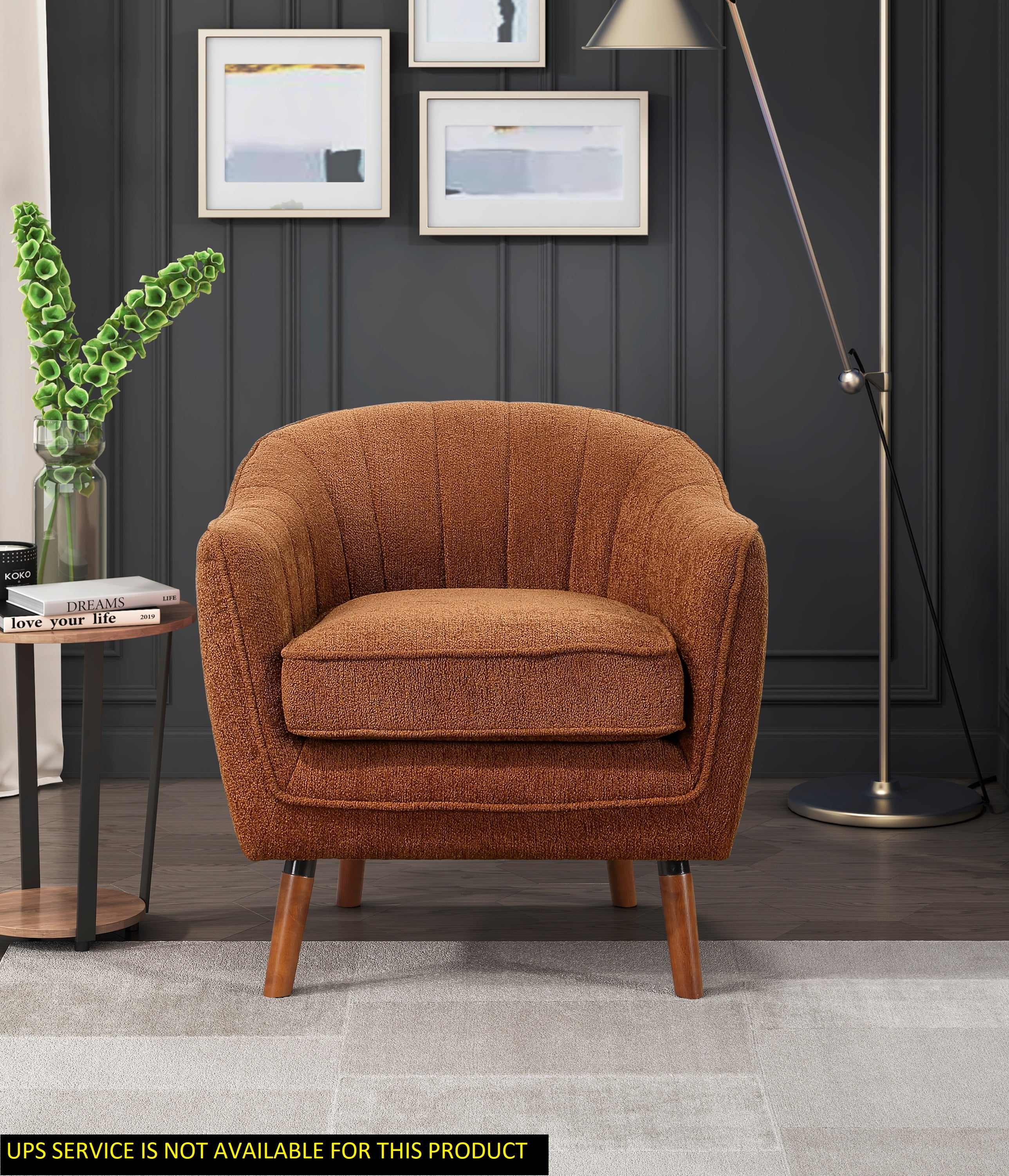 DeeHome Mid Century Modern Accent Chair 1pc Rust hued Chenille Fabric Upholstered Channel Stitched Back Brown Legs Solid Wood Furniture Walmart