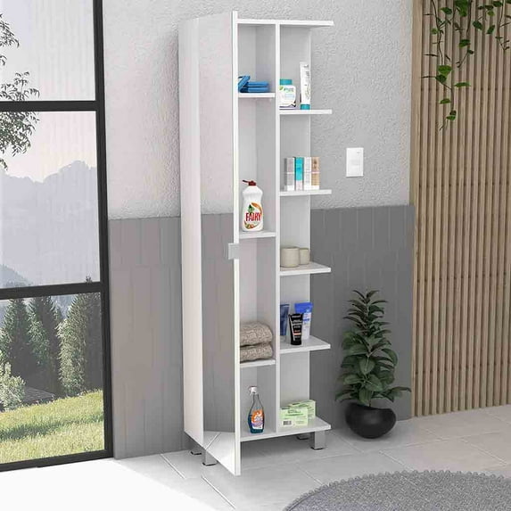 DeeHome Mirror Linen Cabinet Reno, Four Interior Shelves, White Finish