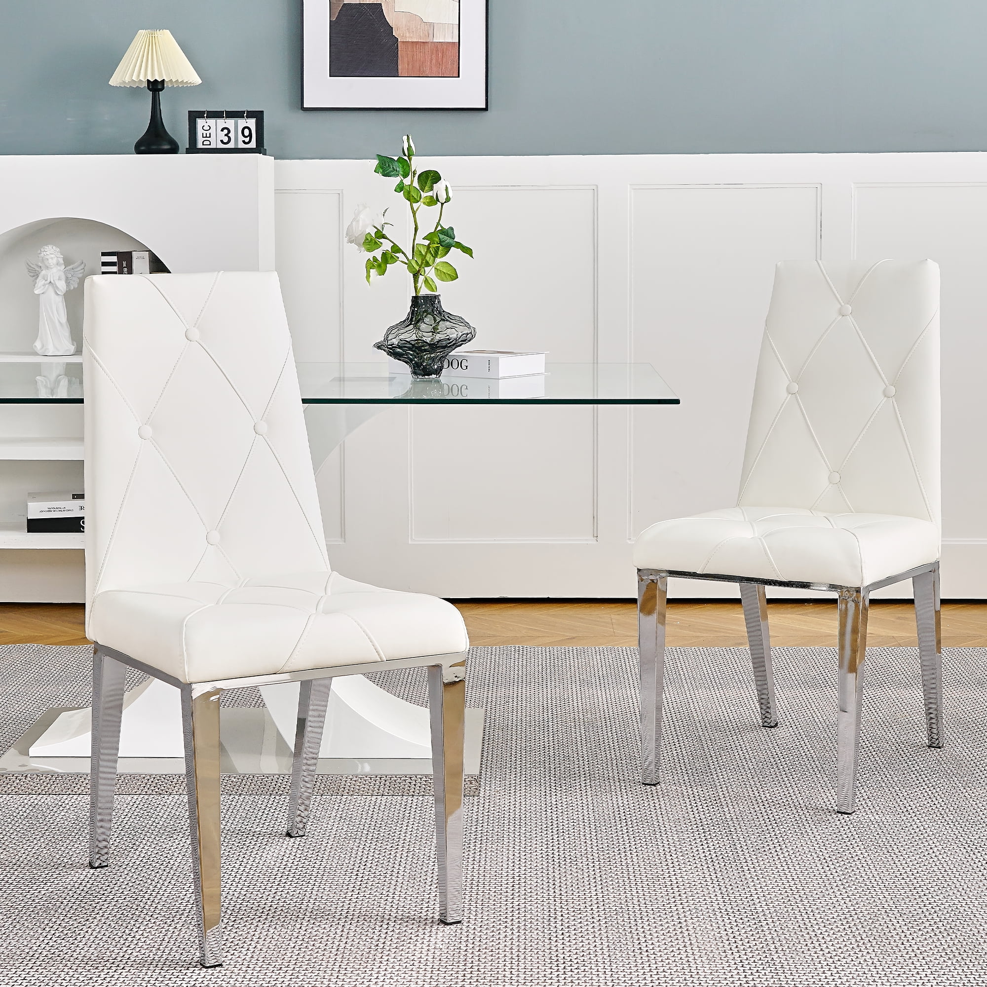 White PU Upholstered Dining Chairs with Metal Legs, Set of 2