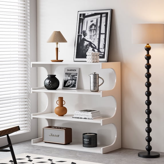 DeeHome Multifunctional 4-Tier White Book Shelf & Coffee Table for Living Room Bedroom Dining Room Study Entryway, Creative Furniture Floor Bookshelf, Minimalist Organizer Storage Shelves