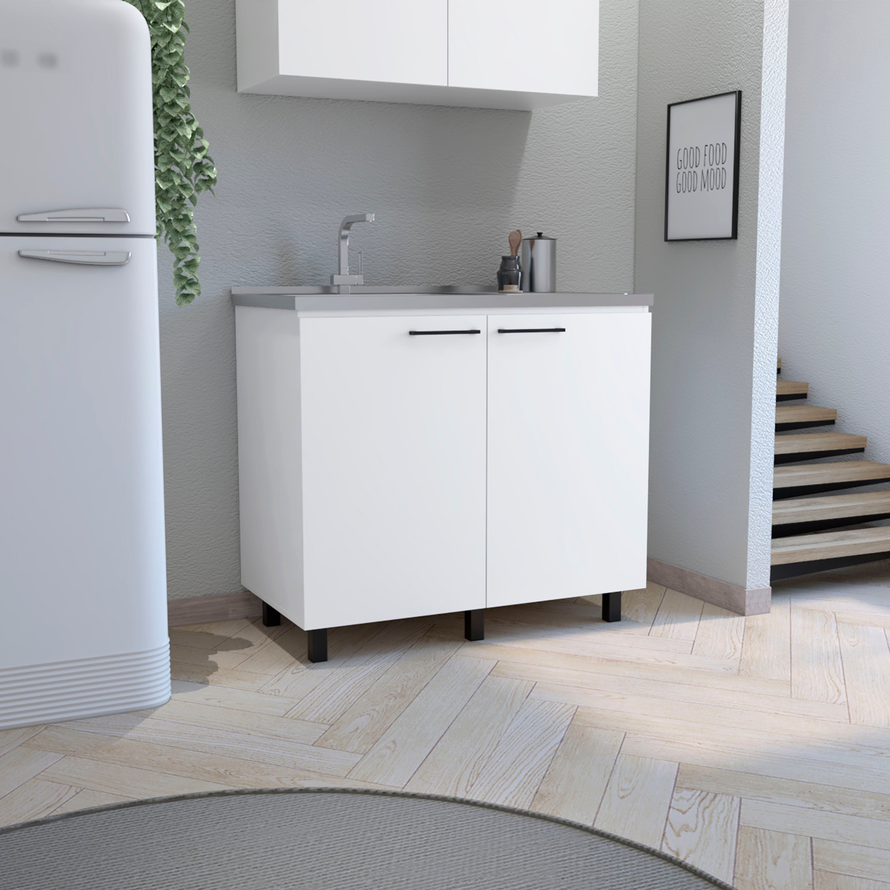 DeeHome Napoles 2 Utility Sink with Cabinet, Stainless Steel Countertop, Interior Shelf-White
