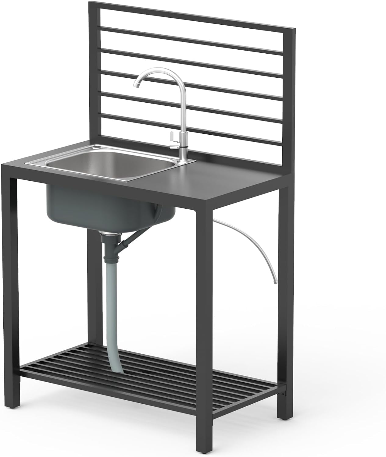 DeeHome Outdoor Kitchen Island with Storage, Aluminum Kitchen Storage Island Stainless Steel Outdoor Sink w/Faucet & Drainboard, Freestanding Storage Shelves with Protective Cover Indoor Outdoor