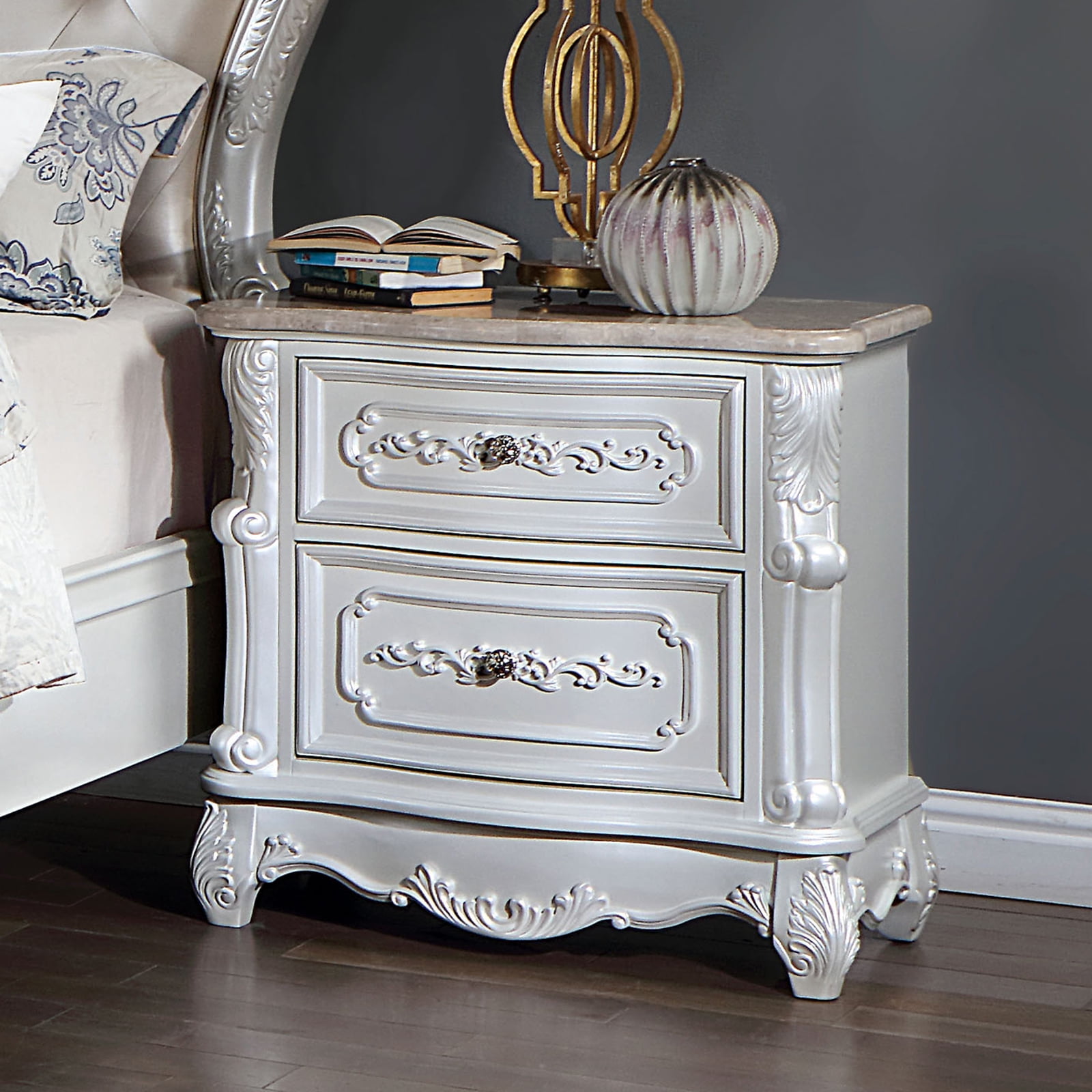 DeeHome Pearl White Traditional 1pc Nightstand Only Solid wood 2-Drawers Round Knobs Bedside Table Genuine Marble Top on Night Stand Bedroom Furniture