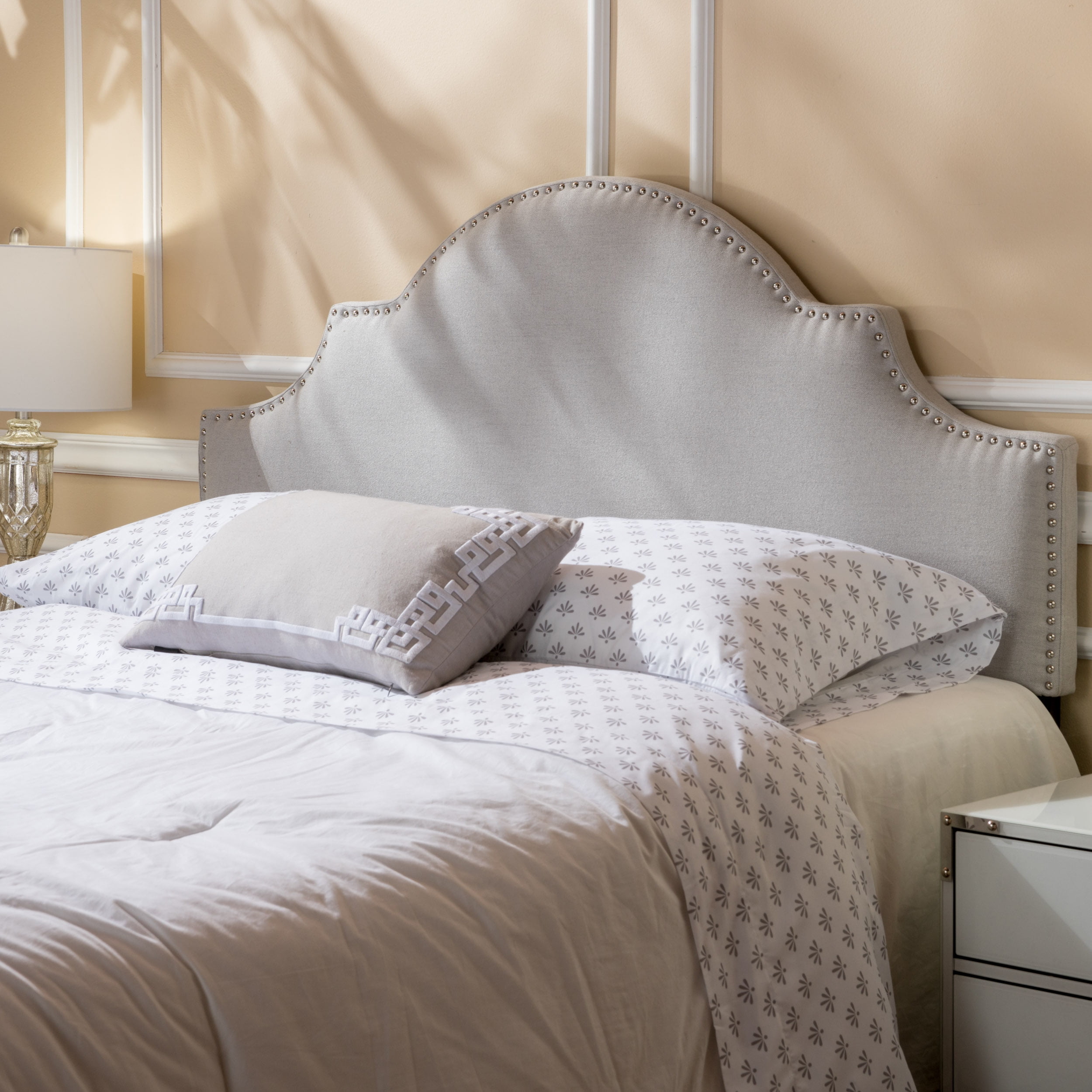 Light Grey Upholstered Headboard with Nailhead Trim, Adjustable Height ...