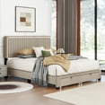 thumbnail image 1 of DeeHome QUEEN SIZE UPHOLSTERED BED WITH ADJUSTABLE HEIGHT / MATTRESS 10 TO 14 INCHES / LED DESIGN WITH FOOTBOARD DRAWERS STORAGE / NO BOX SPRING REQUIRED BEIGE, 1 of 1