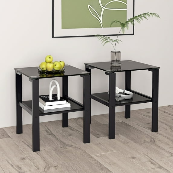 DeeHome Set of 2, Glass two layer tea table, small round table, bedroom corner table, living room side table,Black