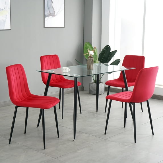 DeeHome Table and chair set, one table and four chairs. Clear tempered glass table top, 0.3 feet thick, black wrought iron legs. Black spray paint chair legs.