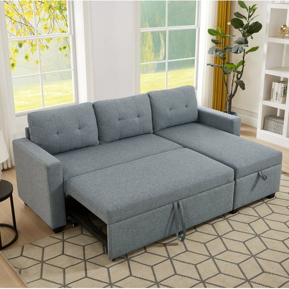 DeeHome Upholstered Pull Out Sectional Sofa with Storage Chaise, Convertible Corner Couch, Light Grey