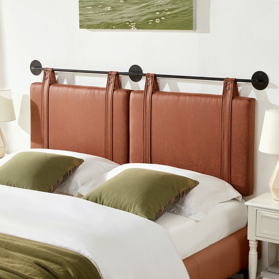 DeeHome Wall Mounted Headboard King with Brown Faux Leather Straps, Faux Leather Upholstered Headboard with Adjustable Heigh Headboard, King Headboard with Metal Bar for Dining Room, Bedroom, Brown