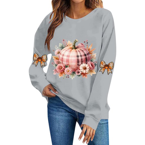 DeeHomeMo Plaid Pumpkin Floral Leaf Graphic Women Pullover Sweatshirt Wide Round Neck Long Sleeve Regular Fit Bow Applique On Sleeves For Fall Daily Casual Outing Gray,XL