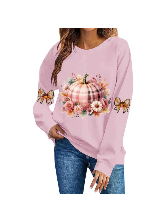Plaid Pumpkin Floral Leaf Graphic Women Pullover Sweatshirt Wide Round Neck Long Sleeve Regular Fit Bow Applique On Sleeves For Fall Daily Casual Outing Pink,L