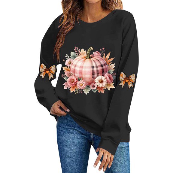 DeeHomeMo Plaid Pumpkin Floral Leaf Graphic Women Pullover Sweatshirt Wide Round Neck Long Sleeve Regular Fit Bow Applique On Sleeves For Fall Daily Casual Outing Black,XL