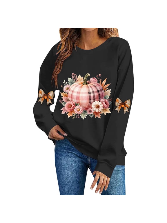 Plaid Pumpkin Floral Leaf Graphic Women Pullover Sweatshirt Wide Round Neck Long Sleeve Regular Fit Bow Applique On Sleeves For Fall Daily Casual Outing Black,XL