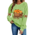 thumbnail image 1 of DeeHomeMo Pumpkin Harvest Cart Print Women Pullover Sweatshirt Wide Round Neck Long Sleeve Regular Fit Bow Applique On Sleeves For Fall Daily Casual Outing Green,XXL, 1 of 5