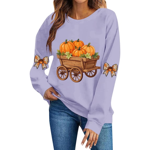 DeeHomeMo Pumpkin Harvest Cart Print Women Pullover Sweatshirt Wide Round Neck Long Sleeve Regular Fit Bow Applique On Sleeves For Fall Daily Casual Outing Purple,XL