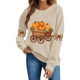 thumbnail image 1 of DeeHomeMo Pumpkin Harvest Cart Print Women Pullover Sweatshirt Wide Round Neck Long Sleeve Regular Fit Bow Applique On Sleeves For Fall Daily Casual Outing Khaki,S, 1 of 5