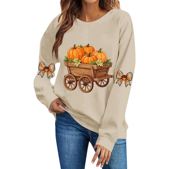 DeeHomeMo Pumpkin Harvest Cart Print Women Pullover Sweatshirt Wide Round Neck Long Sleeve Regular Fit Bow Applique On Sleeves For Fall Daily Casual Outing Khaki,S