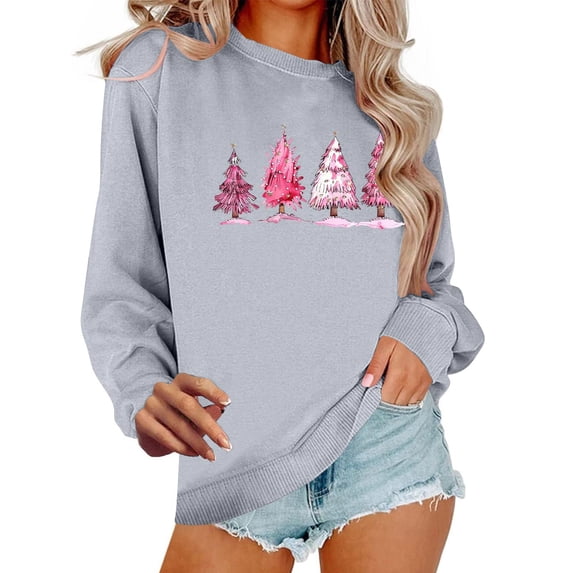 DeeHomeMo Women Christmas Sweatshirt Round Neck Long Sleeve Pullover Relaxed Fit Drop Shoulder Ribbed Hem Multiple Pine Tree Print Tops for Holiday Daily Outfits Gray,XS