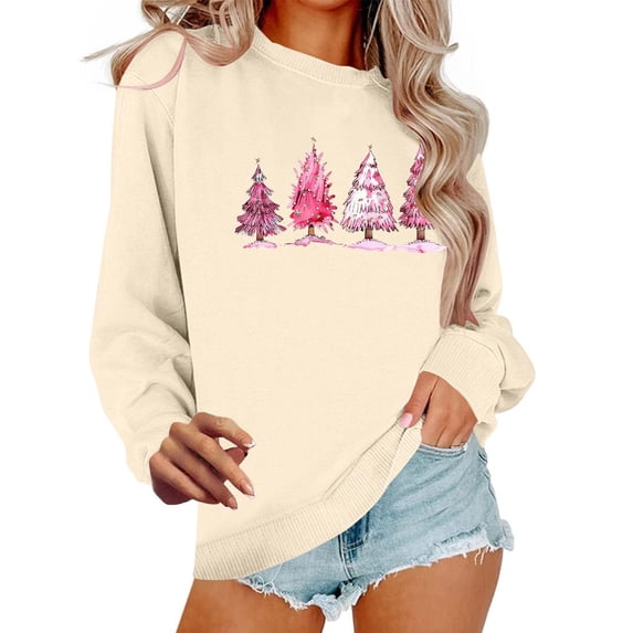 DeeHomeMo Women Christmas Sweatshirt Round Neck Long Sleeve Pullover Relaxed Fit Drop Shoulder Ribbed Hem Multiple Pine Tree Print Tops for Holiday Daily Outfits Khaki,XS