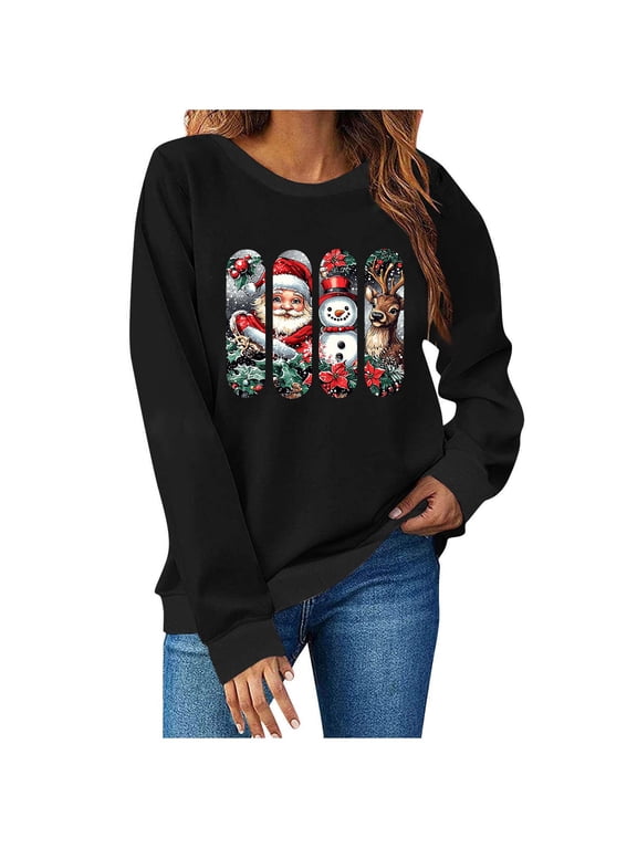 Women Crew Neck Pullover Sweatshirt, Long Sleeve, Loose Fit, Vertical Christmas Santa Snowman Reindeer Graphic, Ribbed Cuffs Hem,Top for Fall Winter Christmas Black,S