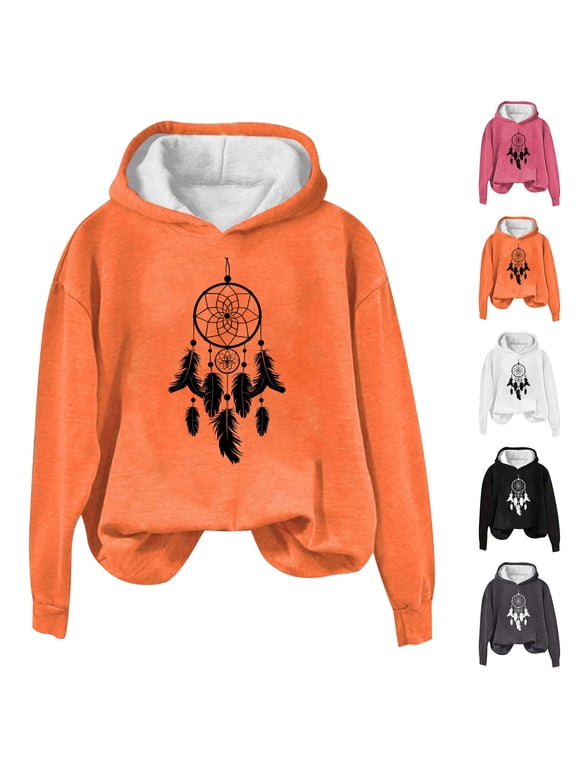 Women Pullover Hoodie Long Sleeve Dreamcatcher Feather Print Loose Sweatshirt with Fleece Lining Kangaroo Pocket for Daily Outdoor Casual Wear Black,L