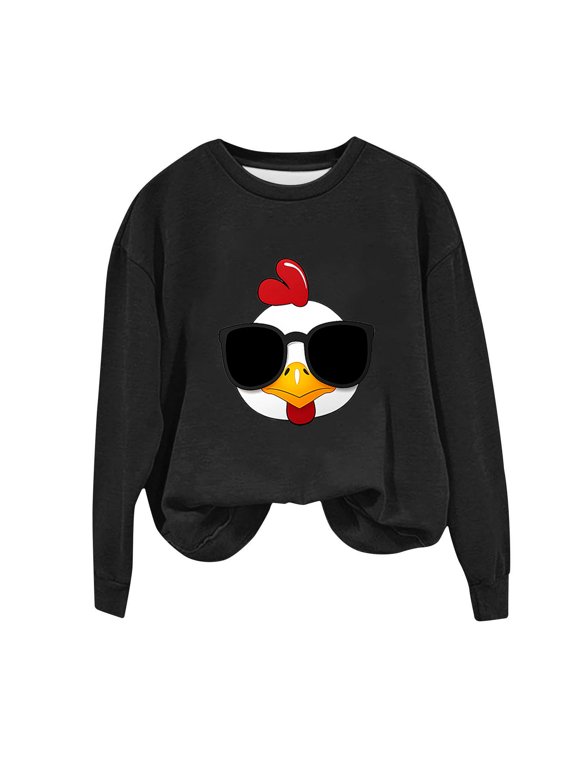 Women Round Neck Long Sleeve Pullover Sweatshirt Cartoon Rooster With Sunglasses Print Loose Fit Ribbed Cuffs Hem Fall Daily Casual Top Black,M