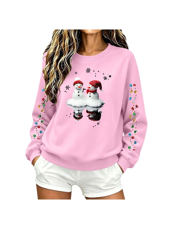 Women Round Neck Long Sleeve Pullover Sweatshirt Relaxed Fit Double Snowman Reflection Graphic Sweatshirt Snowflake Christmas Light Sleeve Print Ribbed Hem Cuffs Pink,M