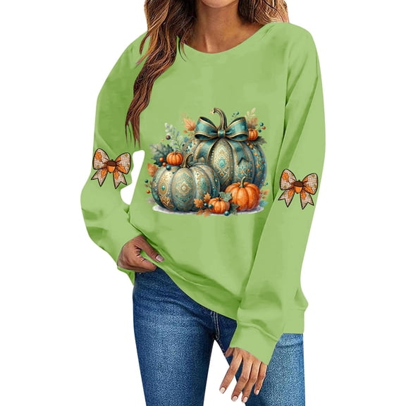 DeeHomeMo Women Round Neck Pullover Sweatshirt, Long Sleeve Pumpkin Bow Graphic Loose Fit Top, Ribbed Hem Cuffs Soft Sweatshirt Fabric for Fall Family Gathering Green,XL