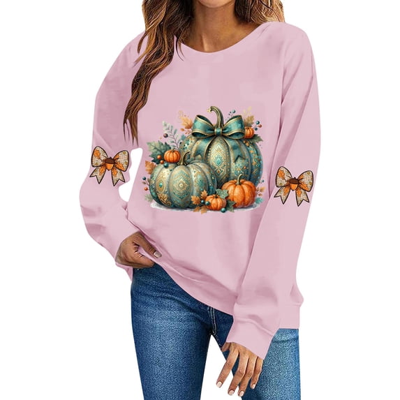 DeeHomeMo Women Round Neck Pullover Sweatshirt, Long Sleeve Pumpkin Bow Graphic Loose Fit Top, Ribbed Hem Cuffs Soft Sweatshirt Fabric for Fall Family Gathering Pink,XL